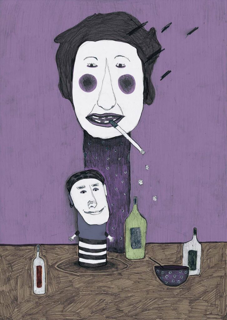 Illustration einer rauchenden Mutter mit ihrem Sohn.