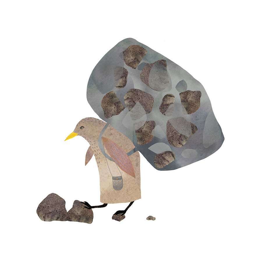 Illustration eines Vogels mit einem schweren Rucksack