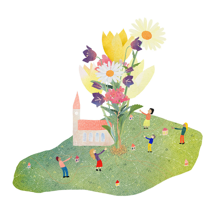 Illustration einer Kirche und Blumen mit Menschen darum