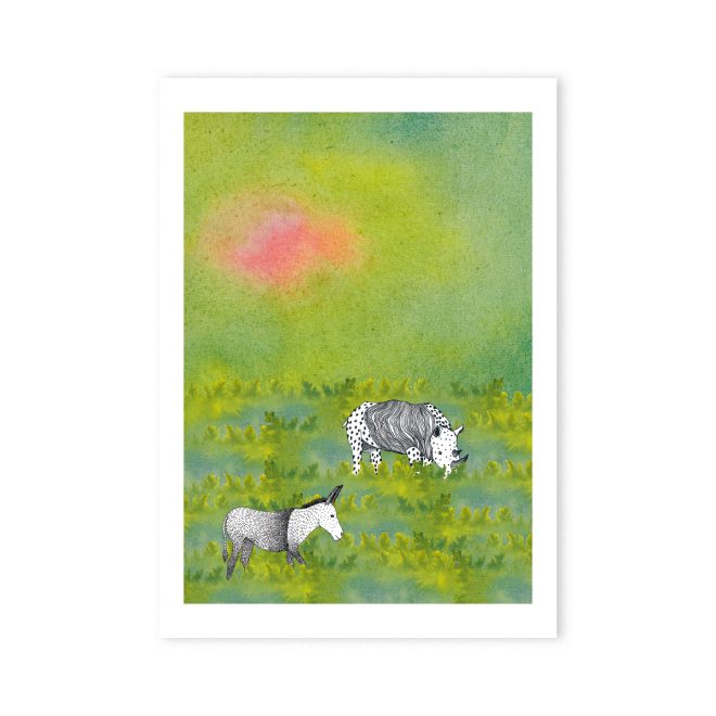 Illustration eines Nashorns und eines Esels auf einer Wiese