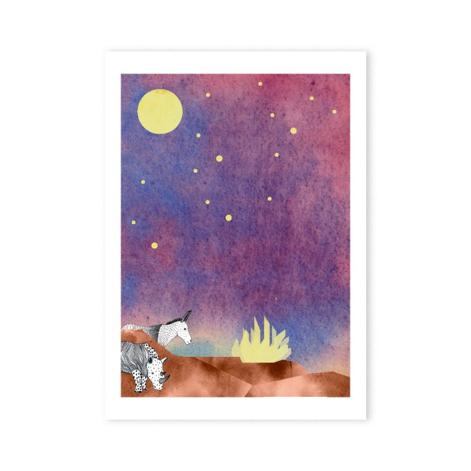 Illustration eines Nashorns und Esels die am Feuer stehen