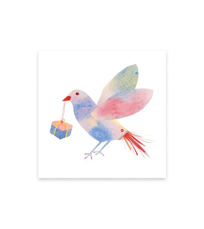 Illustration eines Vogels der ein Geschenk im Schnabel hält