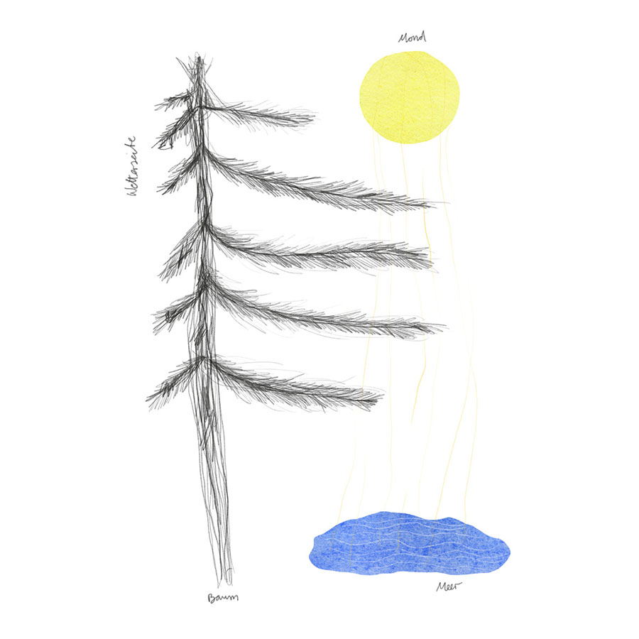 Illustration eines Baumes, Mond und Meer.