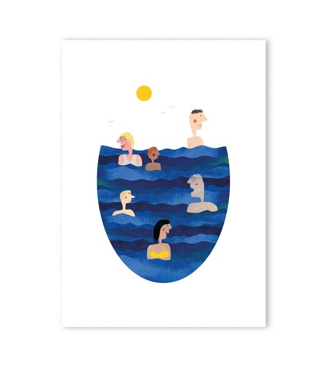 Abbildung von verschiedenen Menschen die im Meer baden