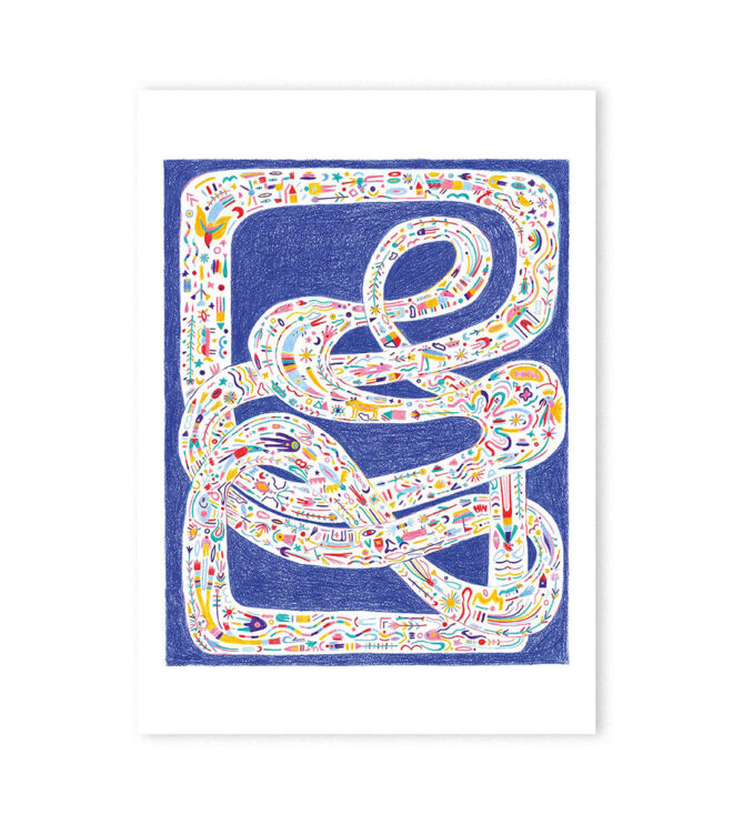 Buntes Bild von einer in sich geschlossenen Schleife mit vielen verschiedenen Tieren, Pflanzen, Häusern, Phantasiewesen.