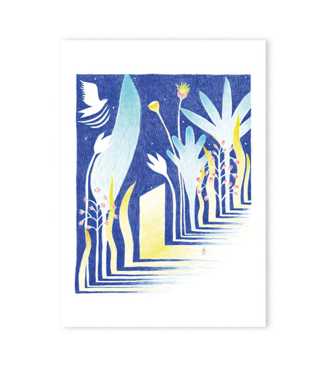 Ein Bild mit Pflanzen und einer großen Tür die in ein unbekanntes Licht führt. Ein, im Gegensatz zu den Pflanzen, sehr kleiner Mensch ist auf dem Weg die Tür zu durchschreiten.