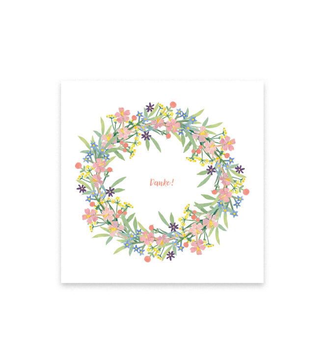 Illustration eines Kranzes mit Frühlingsblumen in dessen Mitte Danke steht.