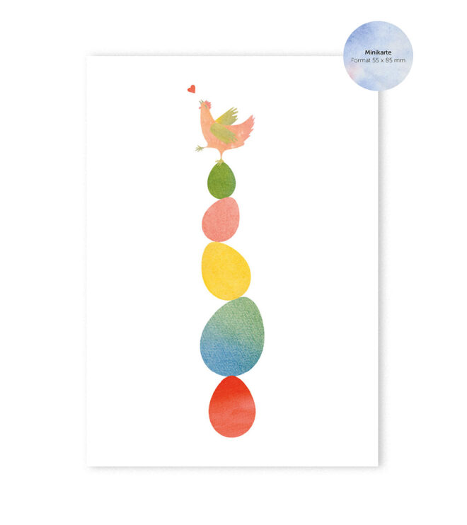 Illustration eines Huhns, dass auf einem bunten Eierberg balanciert.