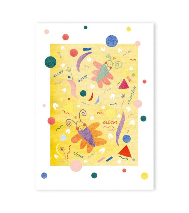 zu sehen ist eine Postkarte mit zwei kindlich gezeichneten Schmetterlingen auf gelben Hintergrund. Aus dem Bild fliegen verschieden farbige Kreise heraus.